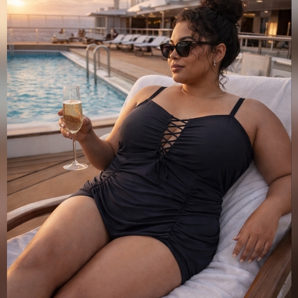 Torrid Curvy Chic Black Ruched Lace-Up One Piece Swimsuit Tummy Control Size 6